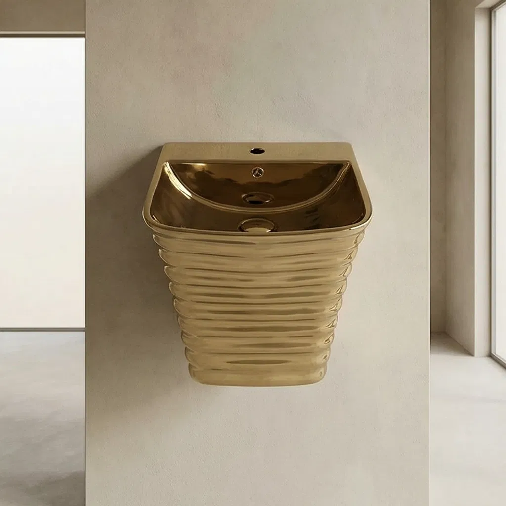 Modern Bathroom Wall Hung Basin Ceramic Gold Hand Wash Sink