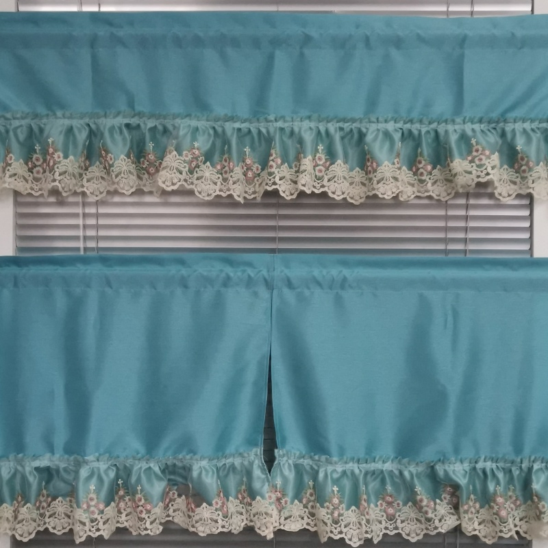Luxury 100% Polyester Teal Kitchen Curtain Set – Digital Printed, Lace - Trimmed Valance & Tiers