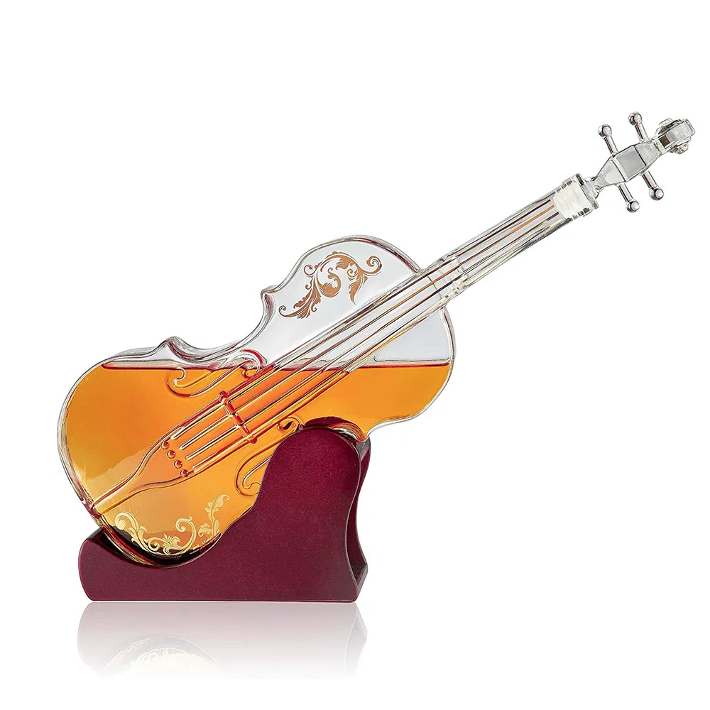 Creative New Year Gift Valentine's Day Gift Unique Violin Whiskey Bottle Wine Decanter Gift Set with Wooden Base