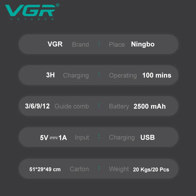 Vgr V-002 9000rpm Magnetic Motor Salon Hair Cut Machine Cordless Rechargeable Professional Hair Clipper for Men