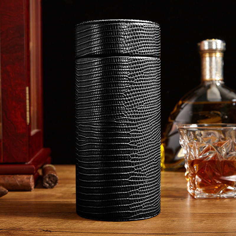 Round PU Leather Cigar Storage Humidor Case Container Jars