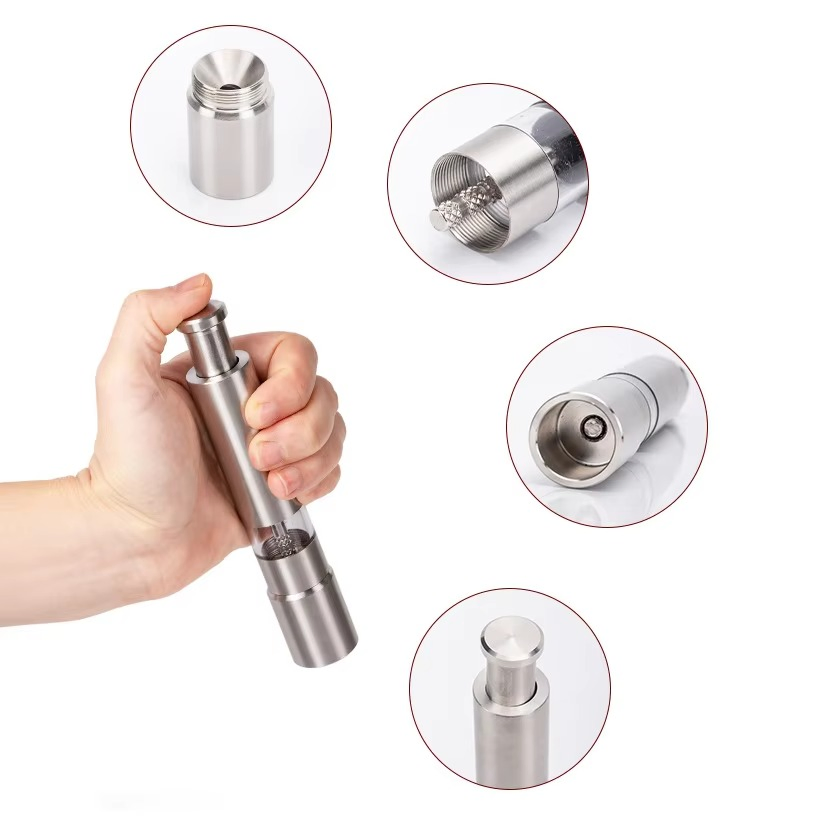 Portable Durable Mini Stainless Steel Multifunctional Pepper Grinder Set with Thumb Button Operated Manual Salt & Pepper Mill