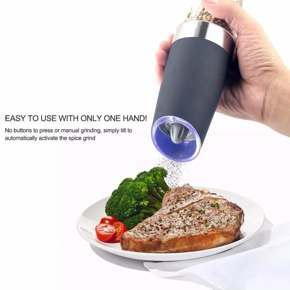 Custom Logo Stainless Steel Battery Operated Gravity Electric Pepper Grinder Salt Mill Automatic Spices Mill with Blue LED Light