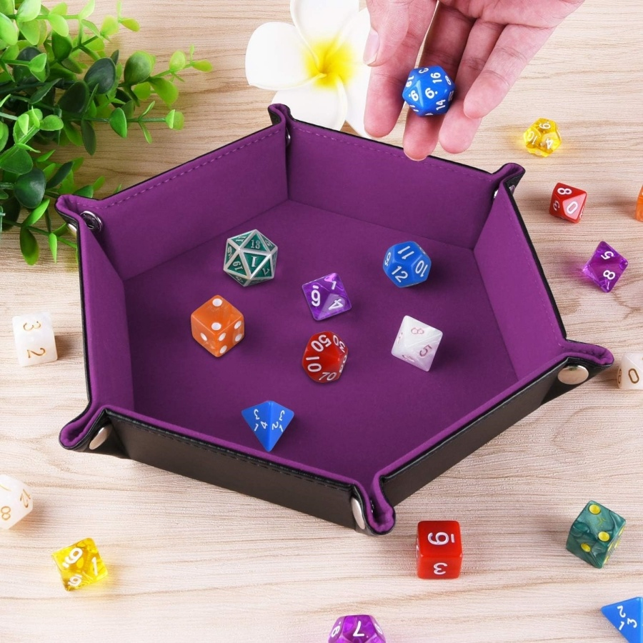 Custom Hexagon Desk Storage Tray Leather Folding Dice Tray with Velvet Lining