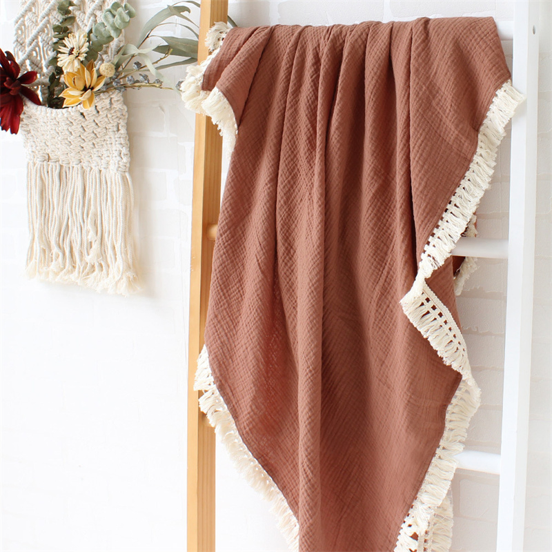 Double Layers Cotton Print Muslin Swaddle with Tassel Trim Baby Blanket
