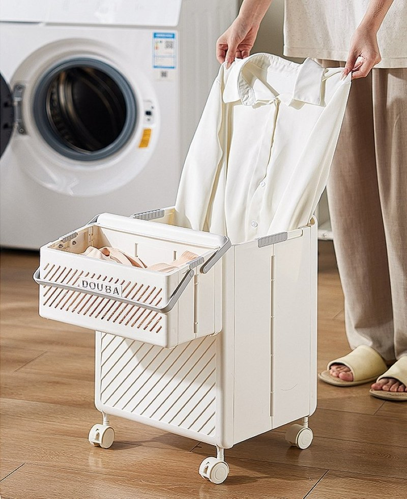 Foldable Laundry Cart with Wheels, Handle, and Lid for Bedroom Use Mi30568