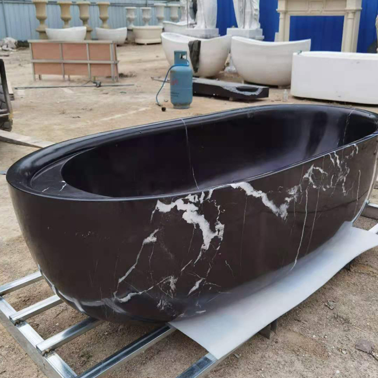 Factory Supply High Quality Freestanding Natural Carved Bathroom Black Stone Bathtub
