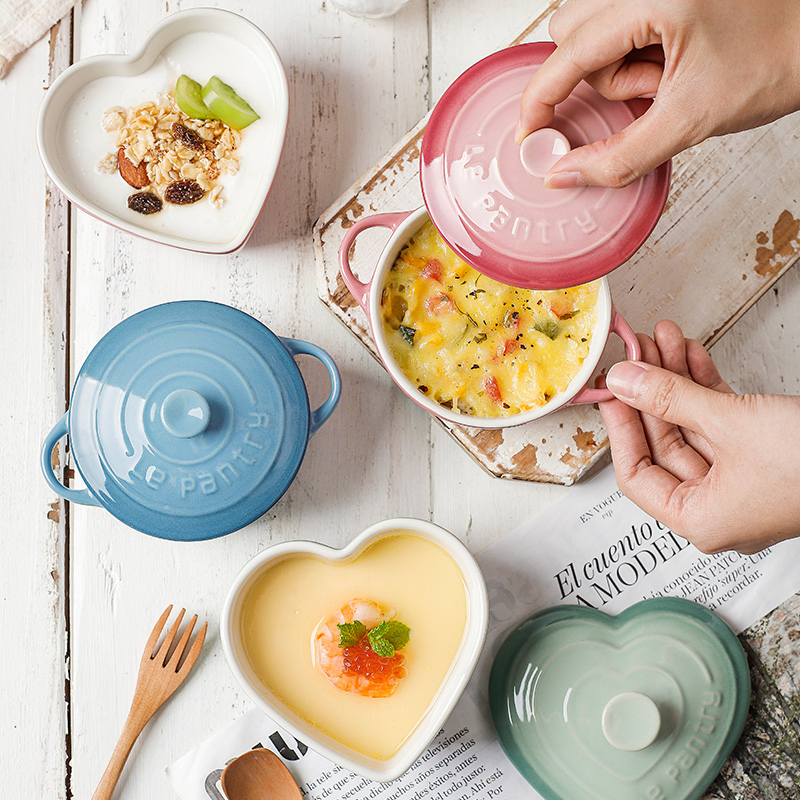 Ceramic Baby Food Bowl with Ear and Cover Steamed Egg Custard Stew Bowl