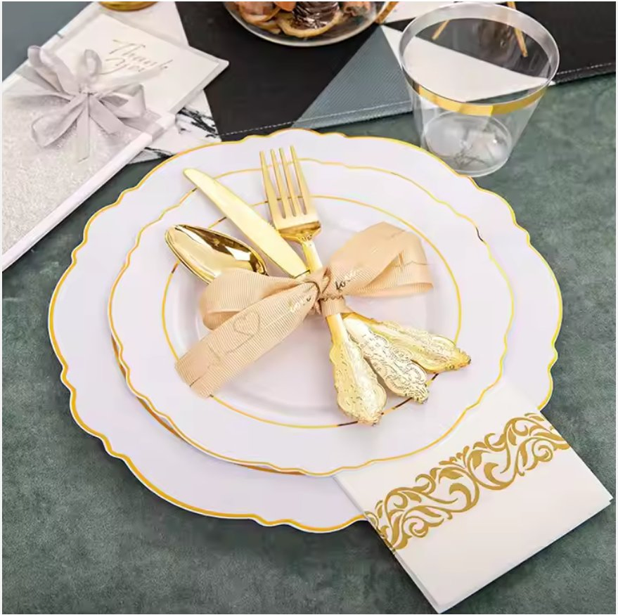 19.6cm Knife17.3cm Spoon18.5cm Fork7.5" Salad Plate 10.25" Dinner Plate 10oz Cup Napkin Wedding Party Disposable Tableware Set