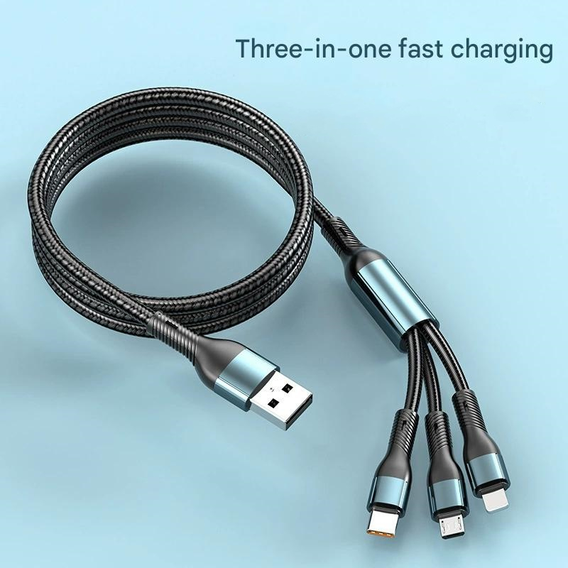 One-to-Three Car Charger: Three-in-One Braided Cable Offering Super Fast Charging for Huawei, Android, and iPhone