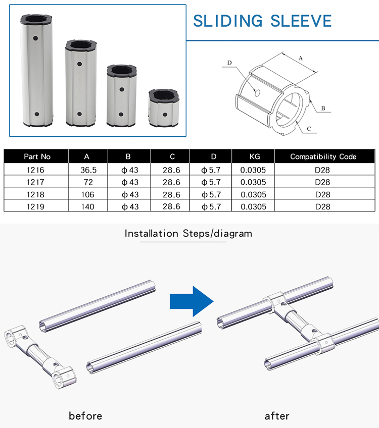 China Manufacturer 1216 37mm Sliding Sleeve Fasteners for Diameter 28mm Aluminum Pipe Aluminum Profile Aluminum Extrusion Workbench