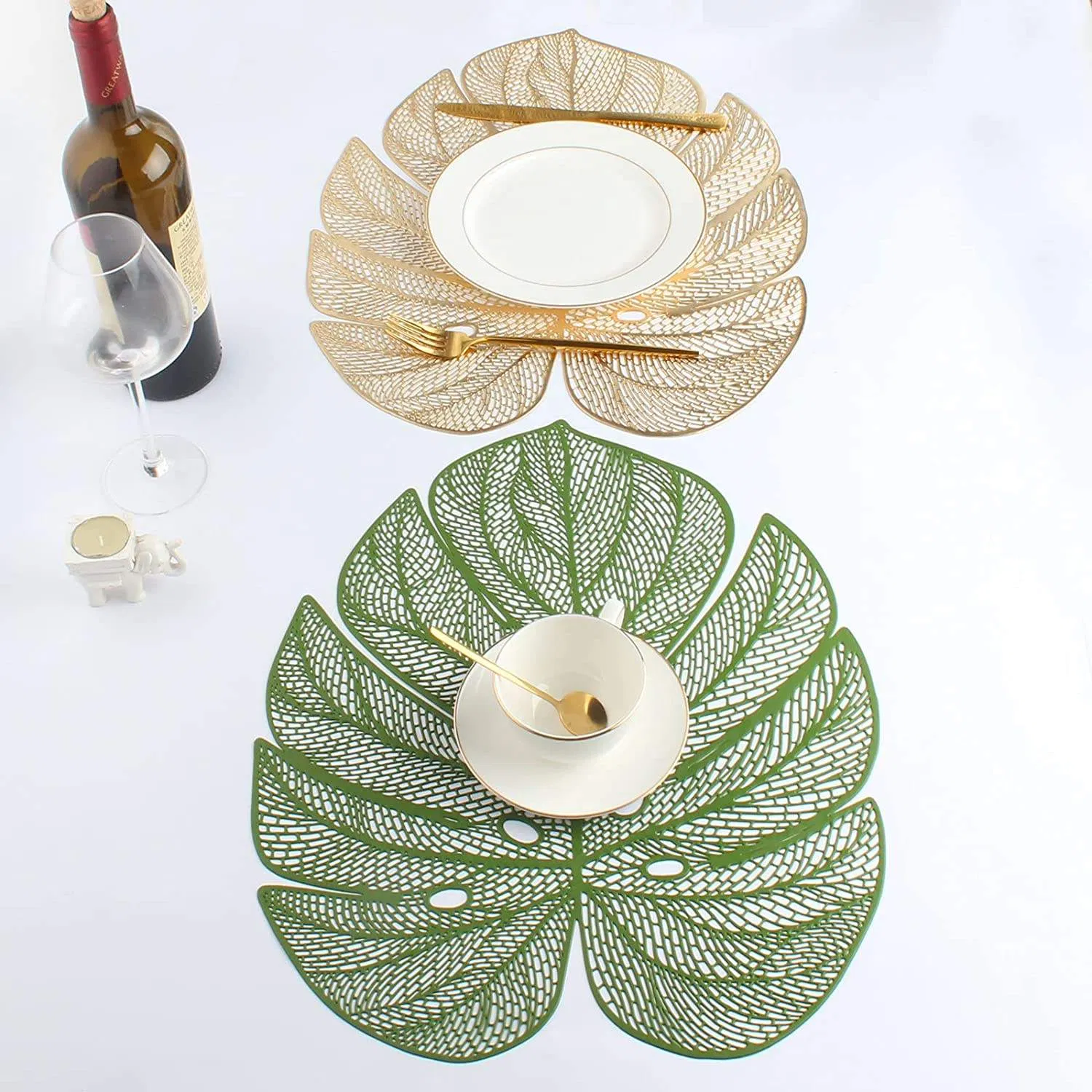 Green Leaf Shaped Vinyl Placemats for Dinner Table Set of 6 Metallic Plastic Green Place Mats