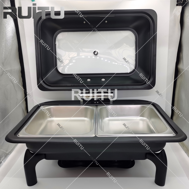 Wedding Decoration Serving Chauffers Stainless Steel 6L Chafing Fuel Stove Round Glass Serving Dishes Food Warmers Buffet Set Black Chafing Dish for Catering