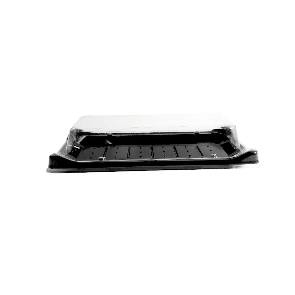 Manluen Supplier Wholesale One Time Use Black Takeaway Sushi Boat Shape Dispsoable Plastic Food Packaging