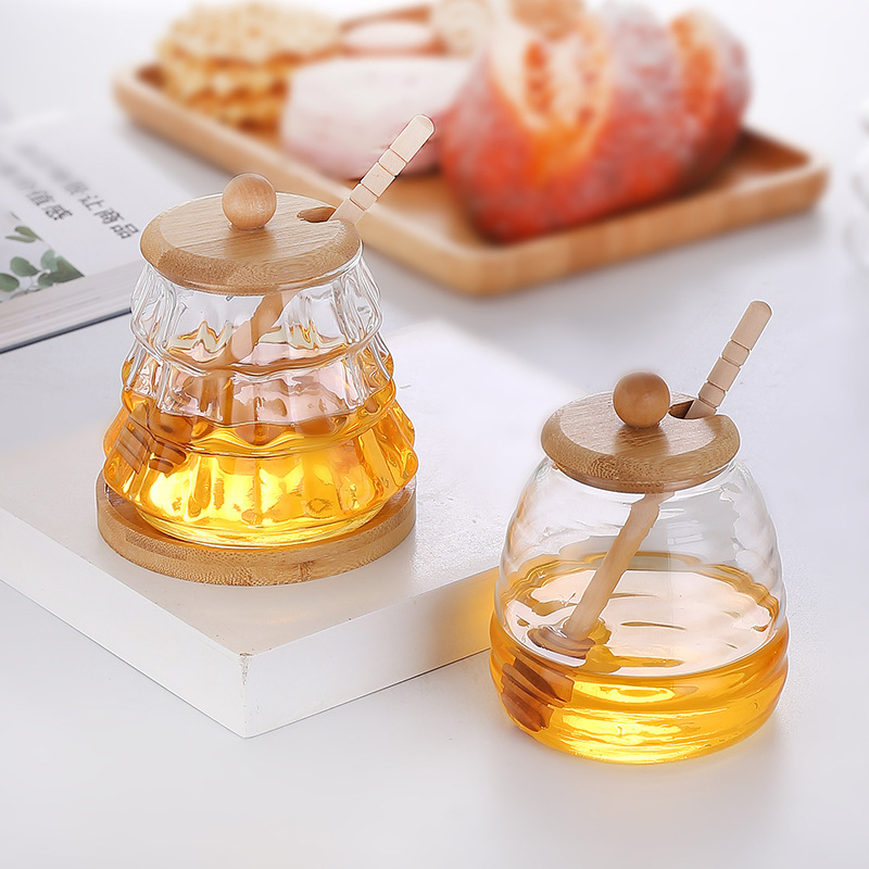 Tableware Glass Striped High Borosilicate Glass Honey Pot with Bamboo Lids and Stirrer Lid for Kitchen