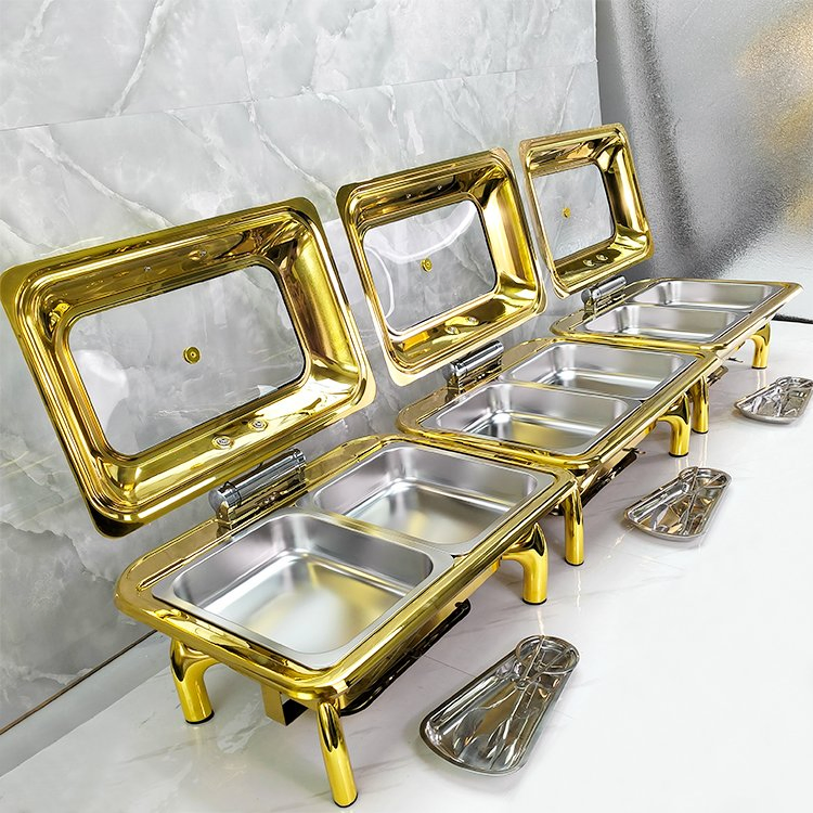 9L Gold Chafing Dish Luxury Hotel Restaurant Use Stainless Steel Restaurant Heating Equipment Buffet Food Warmer