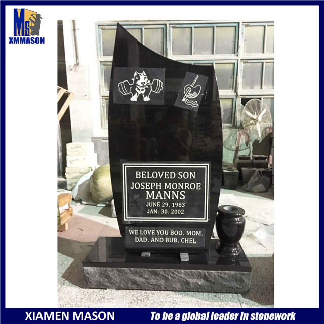 Jet Black Headstone Laser Etching with Vases for Wholesale Graniate Monument
