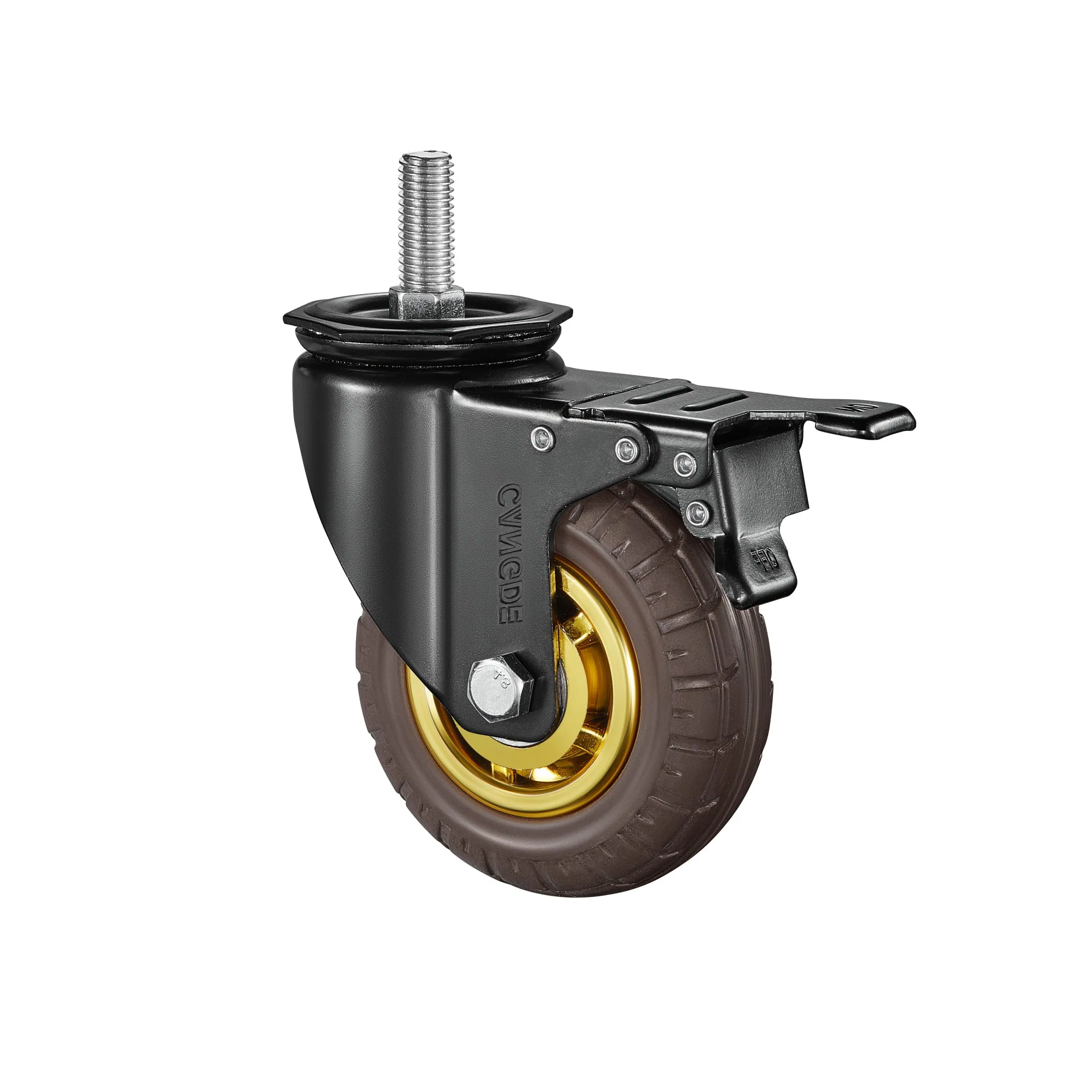 Medium Duty Threaded Stem Swivel Caster with Brake, Brown Rubber Wheel 63-125mm, Noise Reduction Design