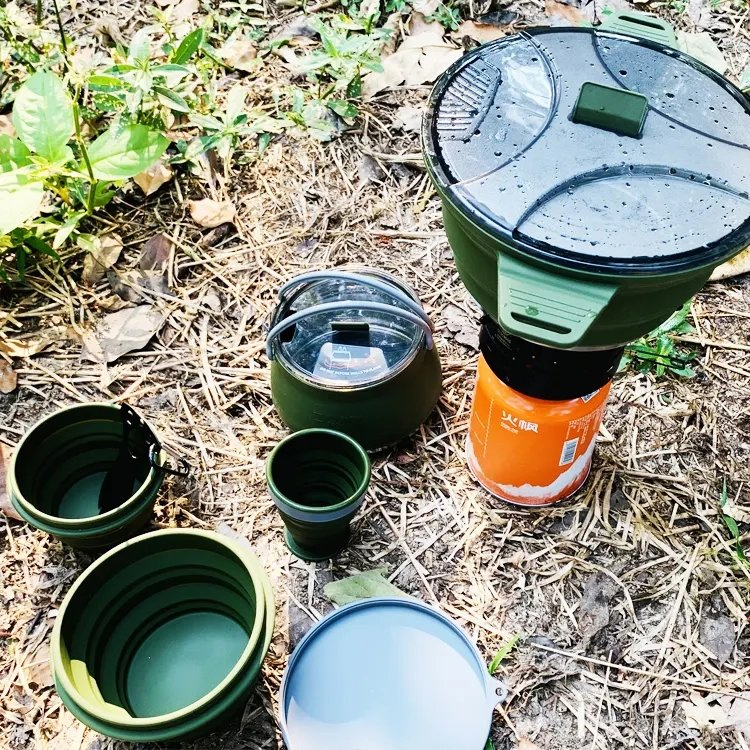 Four Piece Set Silicone Collapsible Camping Cookware Camping Kettle Cookware Set for Outdoor