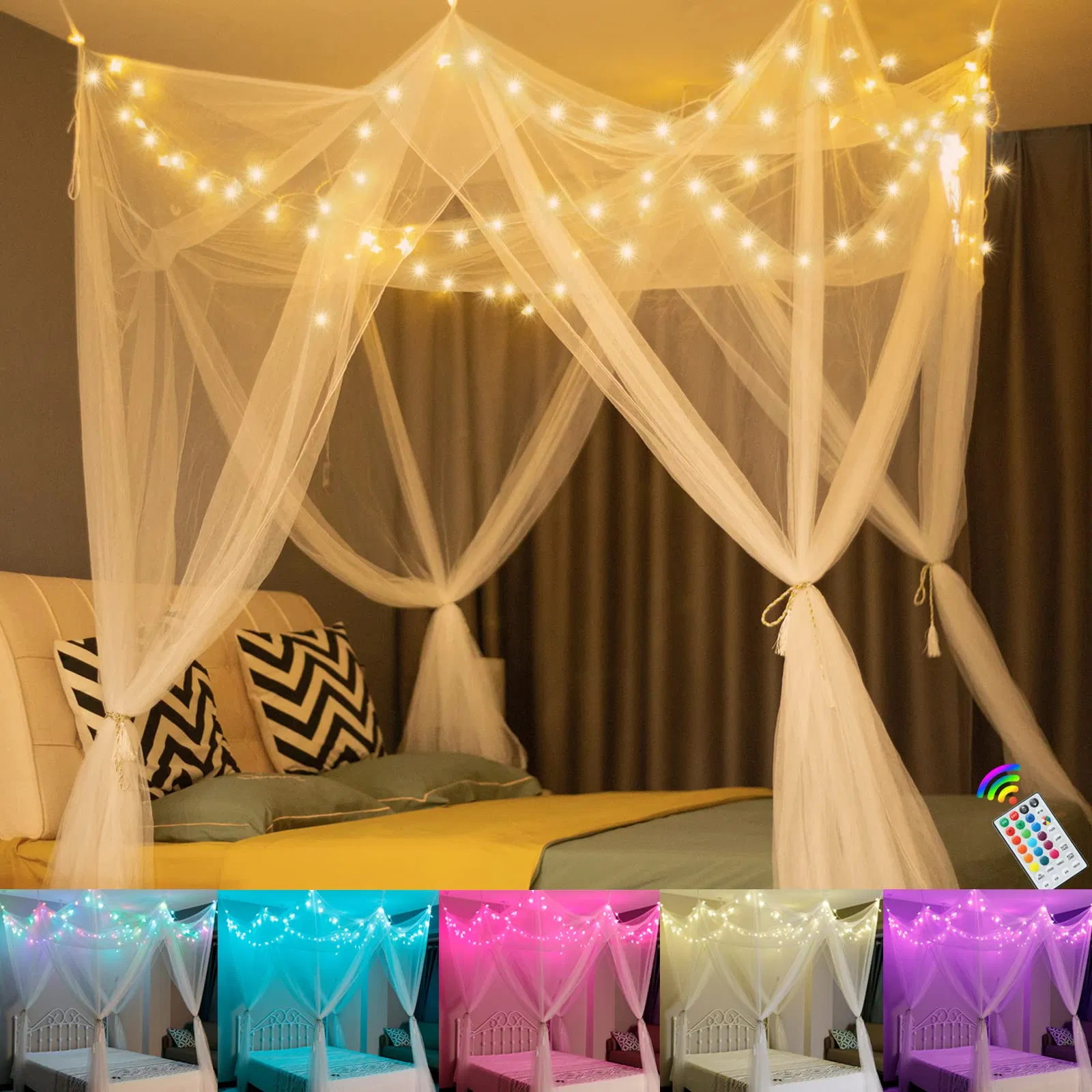 Bed Canopy Star Lights Girls Princess Canopy Curtains LED Mosquito Net