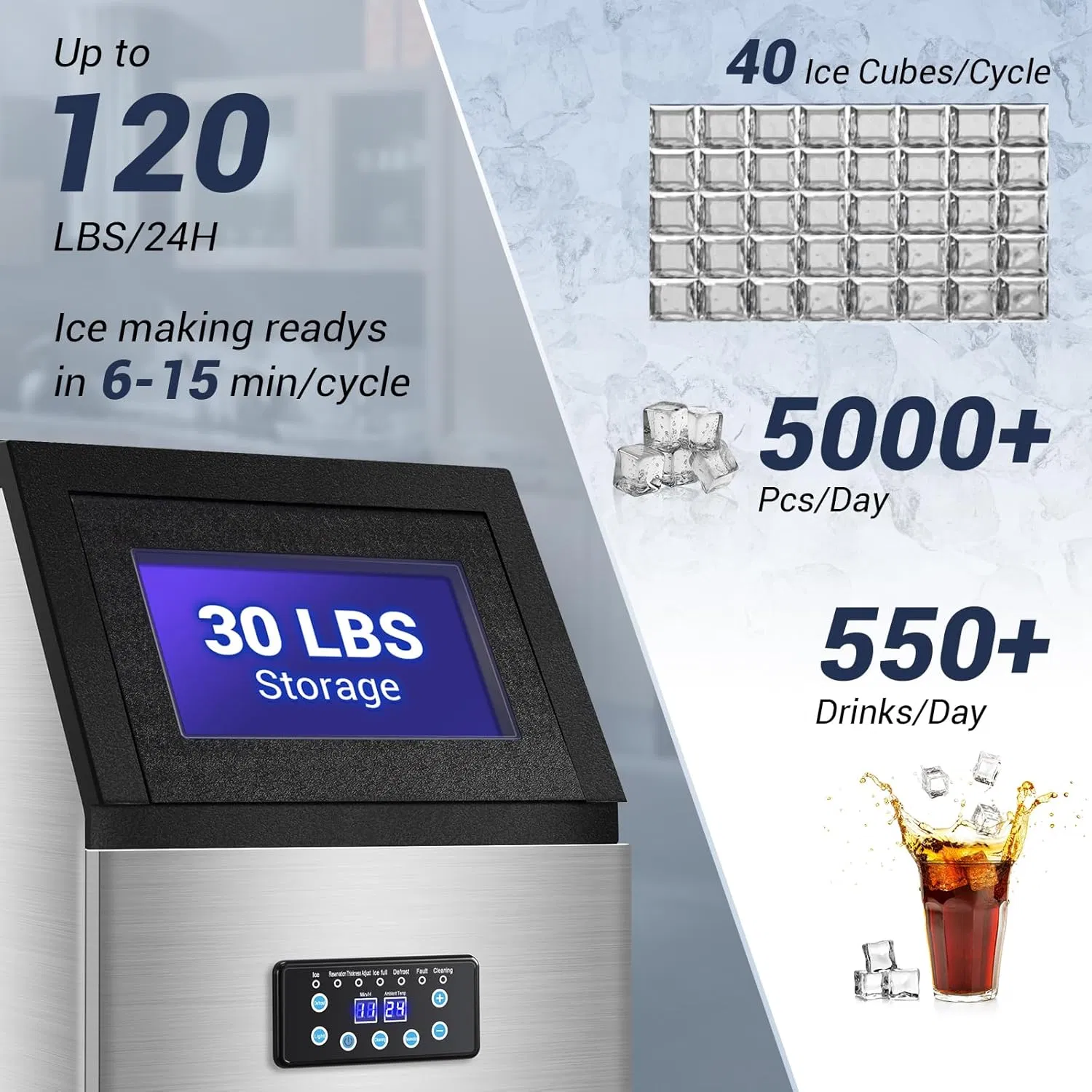 Commercial Ice Maker 100 Lbs / 45kgs Daily Production, Under Counter / Freestanding, Dual Water Inlet