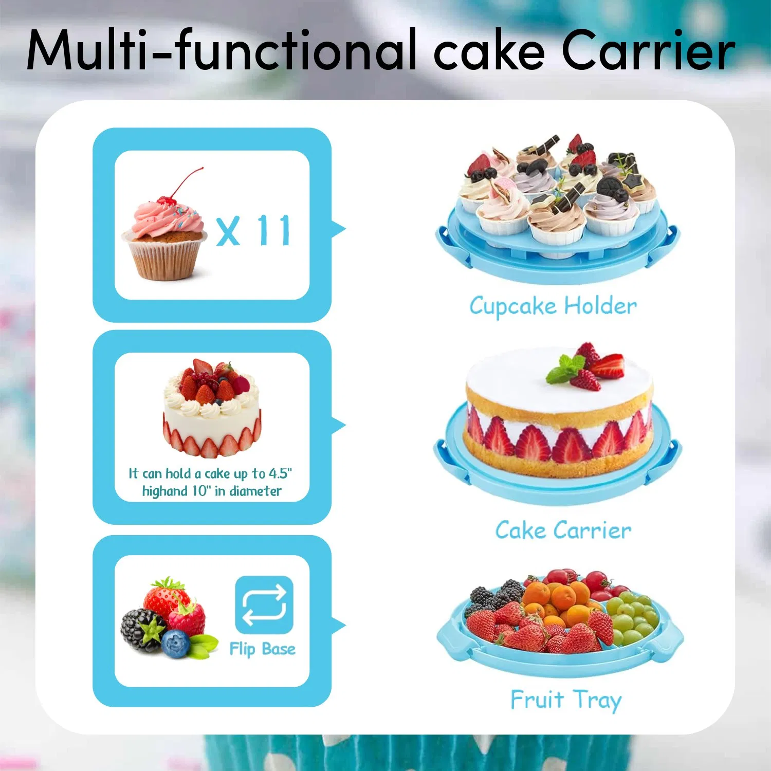 Blue BPA Free 11 PCS Cupcake Carrier Holds 10 Inch Cake with Clear Lid and Collapsible Handles for Cake Storage