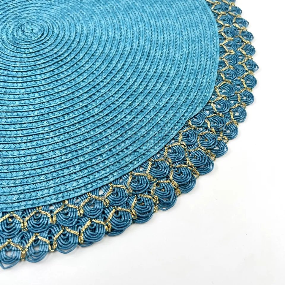 Promotion 15 Inch Teal Gold Braid Heat Resistant Polypropylene Woven Round Placemat
