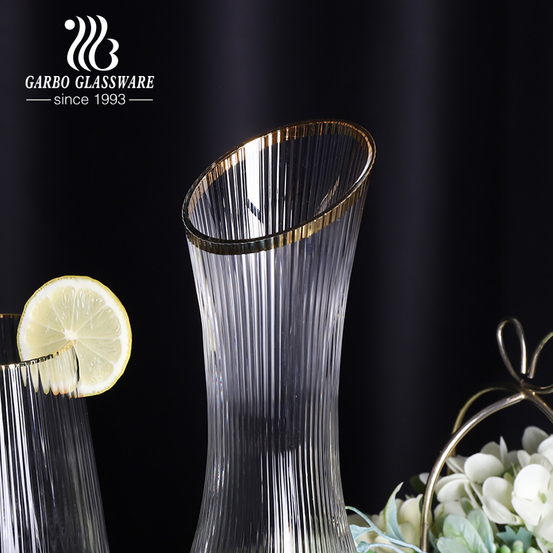 Modern Gold Rim Ribbed Glass Wine Decanter Stemware Goblet Barware Ribbed Wine Glass