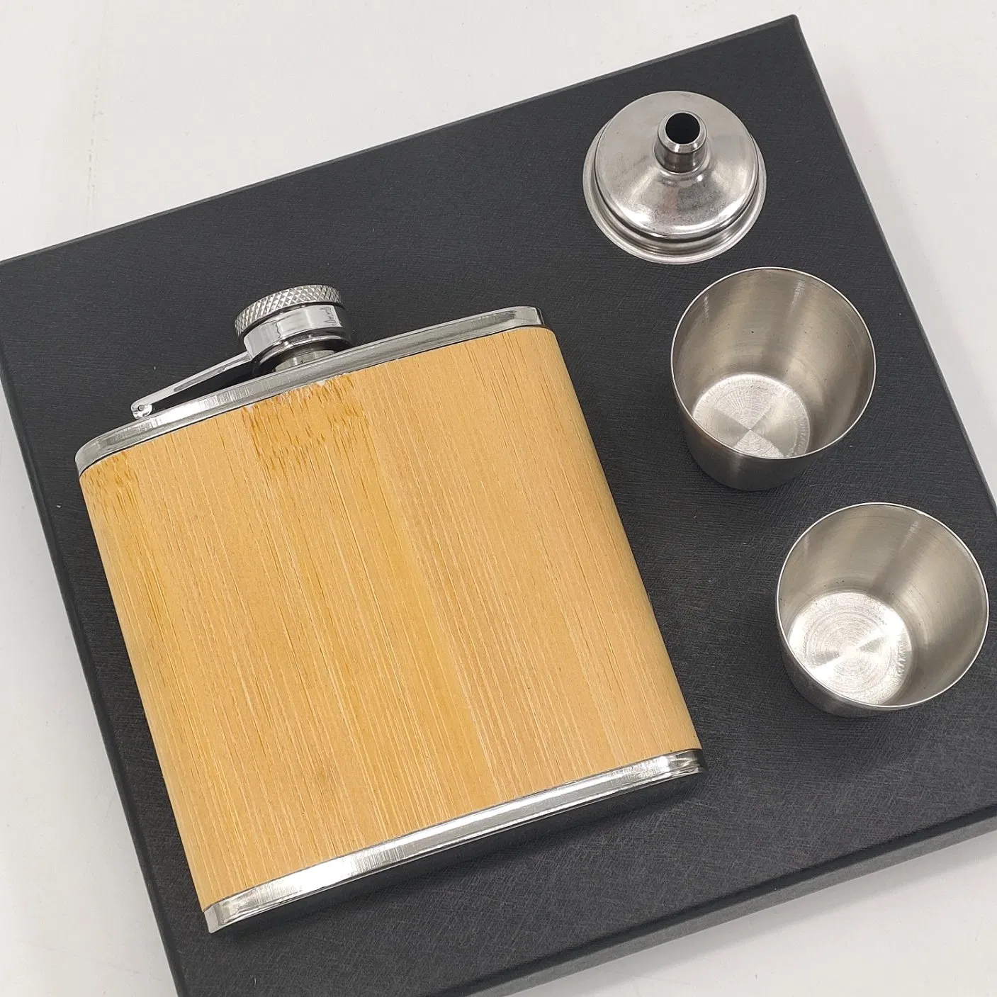 Bamboo Stainless Steel Flask Set with Shot Glasses & Funnel