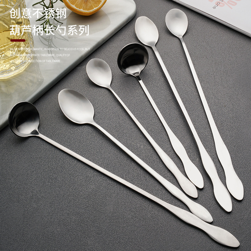 Stainless Steel Gourd Ice Long Spoon Round Spoon Coffee Stirring Spoon Milk Tea Shop Spoon Bar Cocktail Mixing Spoon