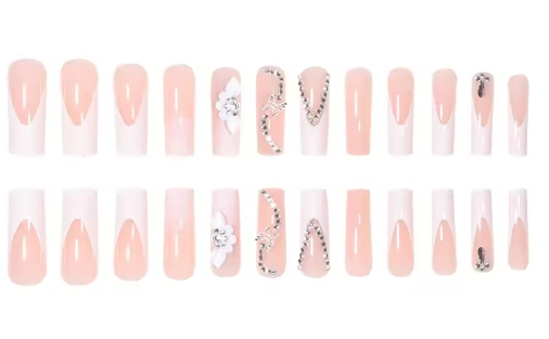 Hot Selling Pink Flower Artificial Nails Long Coffin Press on Nails