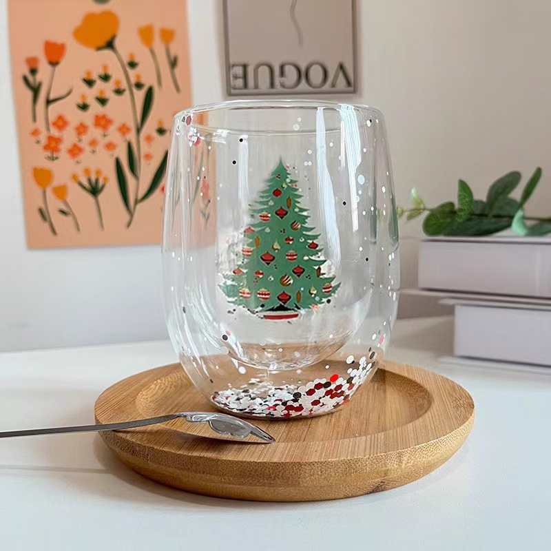 Snowball and Santa Claus LED Light Decorated Highball Glass Christmas Decorative Cup Promotional Party Supplies