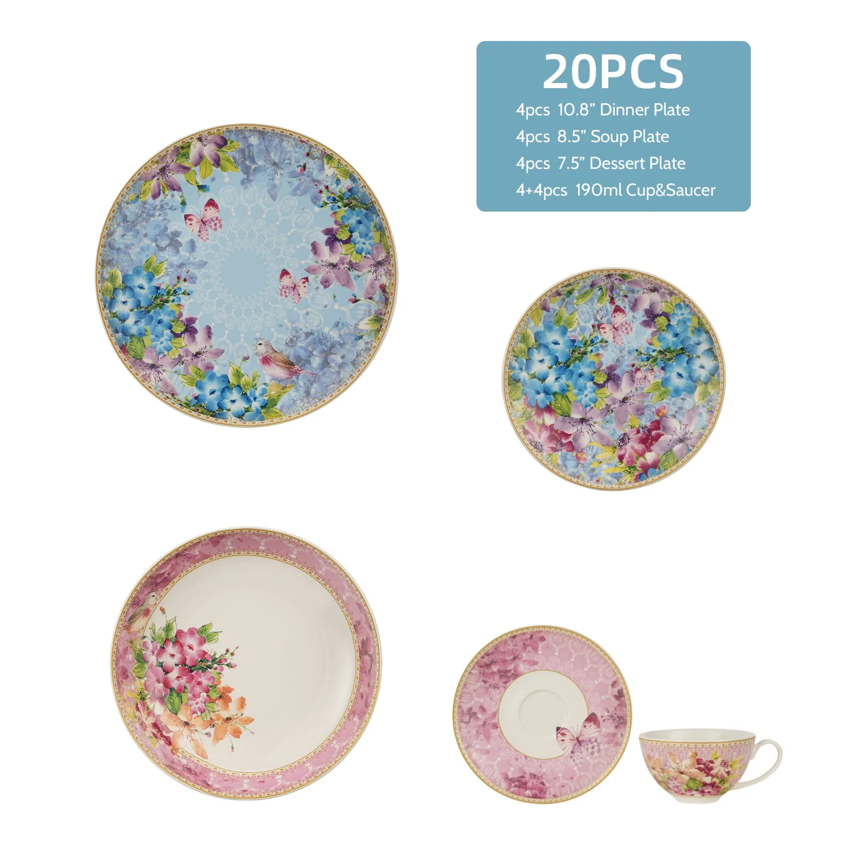 20-Piece New Floral Porcelain Kitchenware Dinner Plate Tableware Ceramic Dinnerware