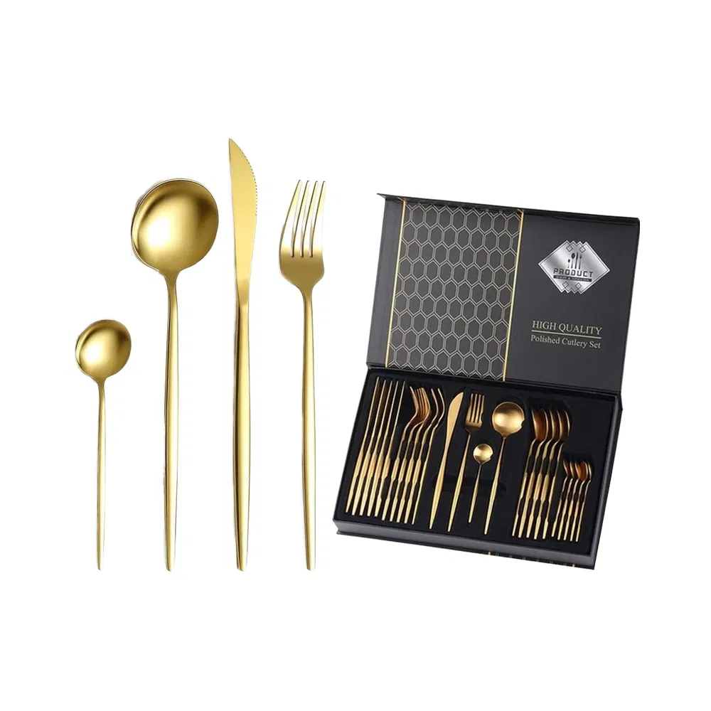 24PCS Gold Cutlery Stainless Steel Flatware Set Mirror Polish Dishwasher Safe for Home Kitchen Restaurant for Business Gifts