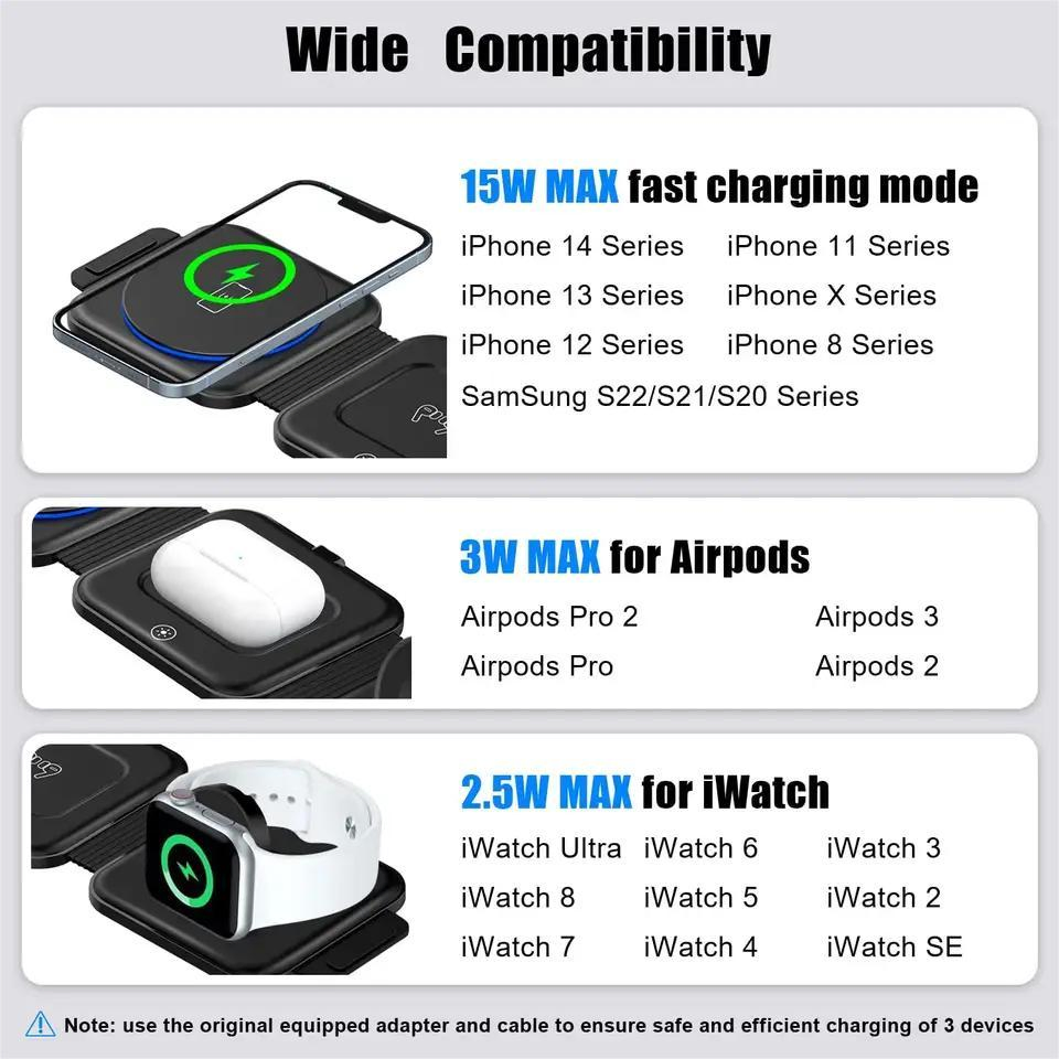 Most Popular Products 3in1 Wireless Charger for iPhone Device, Foldable and Portable with Magnetic Power Strip