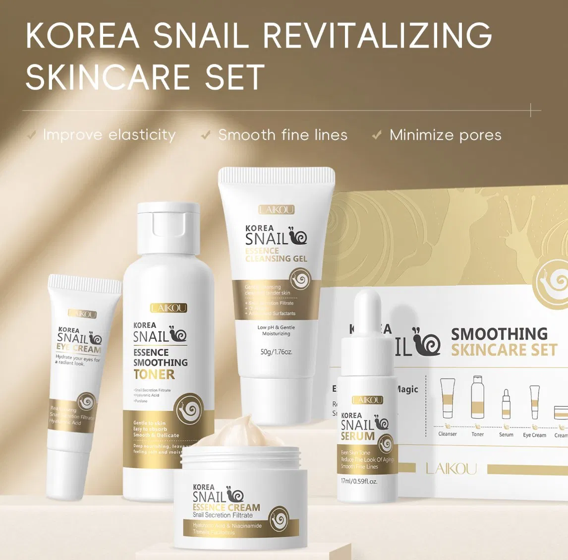 Online Wholesale Snail Mucin Skincare Anti Aging Skin Care Serum Eye Cream Facial Whitening Repair Snail Serum Skin Care Sets for Sensitive Skin