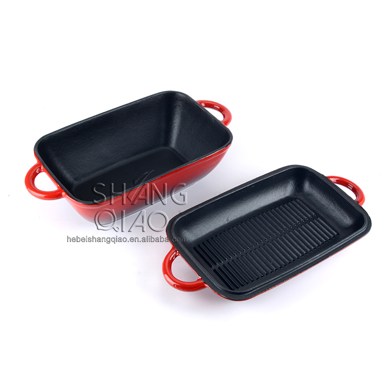 Чугунная эмалированная прямоугольная кастрюля-жаровня 2 в 1