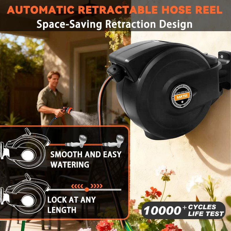 Giraffe Tools Retractable Garden Hose Reel 1/2 Inch X 100 FT, Super Heavy Duty, Any Length Lock, Slow Return System, Wall Mounted