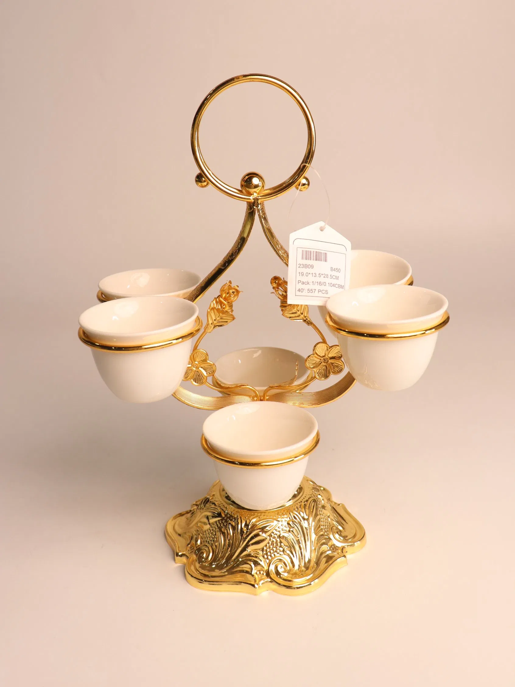 Decorative Gold-Plated Iron Frame with 6 Ceramic Tea Cup Ornaments Set