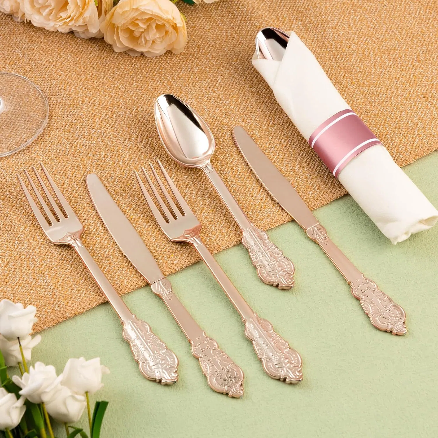 Elegant Rose Gold Heavy Duty Disposable Cutlery Set for Parties