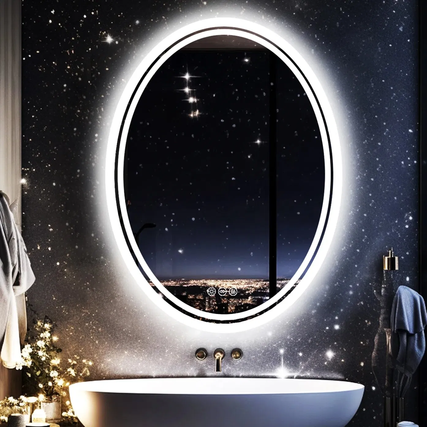 Oval Home Hotel Bathroom Decor LED Mirror Lighted Makeup Mirror Dimmable Vanity Mirror Anti-Fog Wall Mounted Mirror with Lights