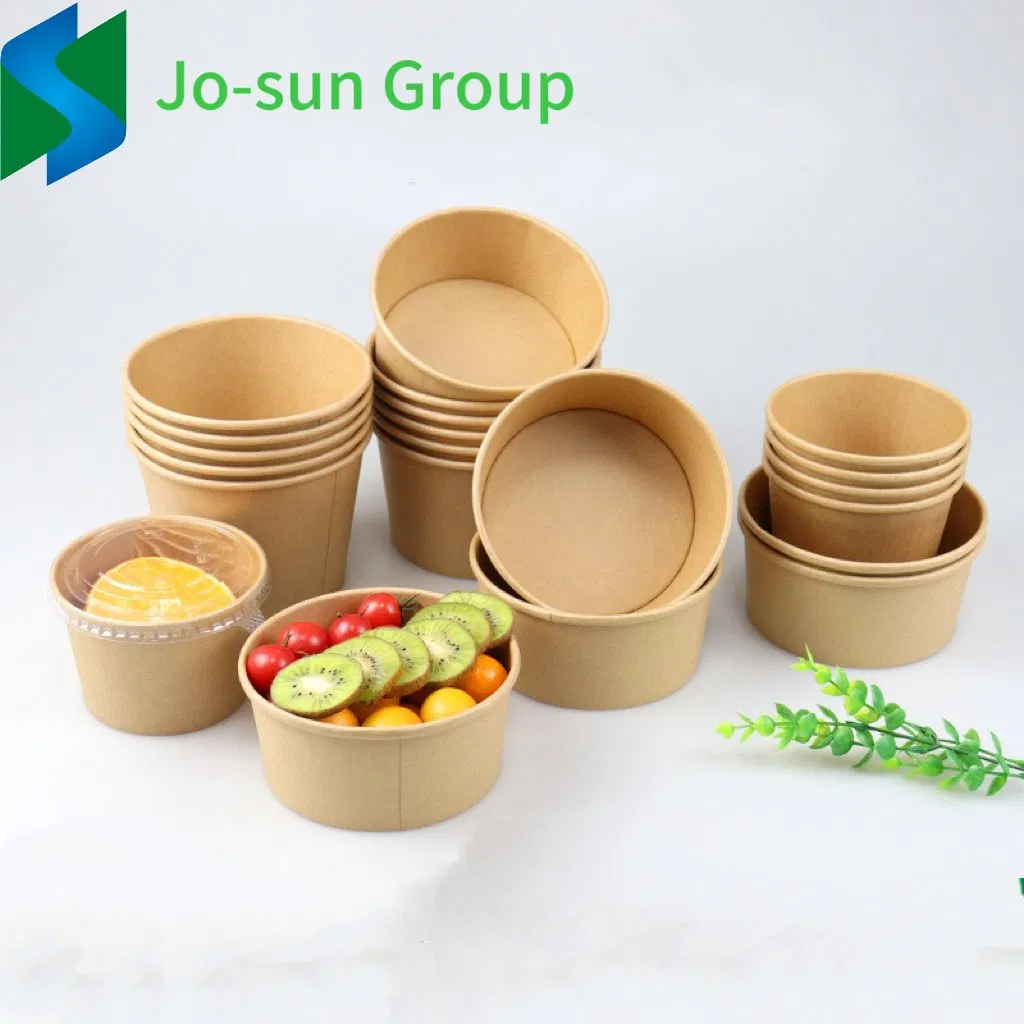 Jo-Sun Take Away Paper Container Salad Bowls 500ml 750ml 1000ml 1100ml 1300ml Disposable Kraft Paper Round Bowl for Food Packaging