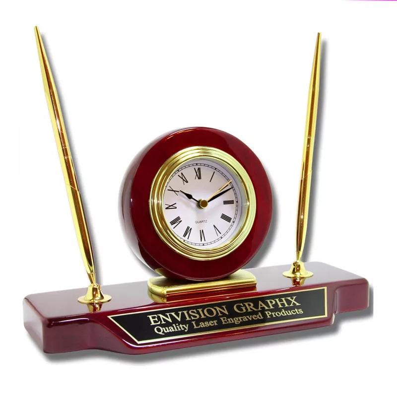 Rosewood High Gloss Finish Wood Desk Alarm Clock with 2 Pen Holder