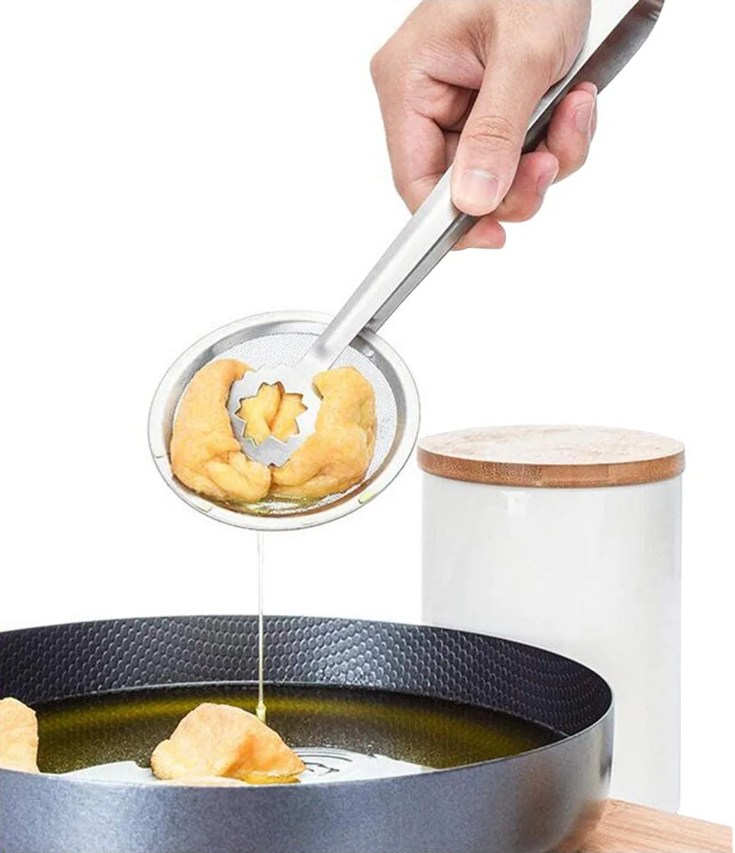 2 in 1 Stainless Steel Mesh Strainer Tongs Oil Frying Filter Spoon Fry Tool Oil Skimmer with Clip Cooking Gadget Tool Esg12093