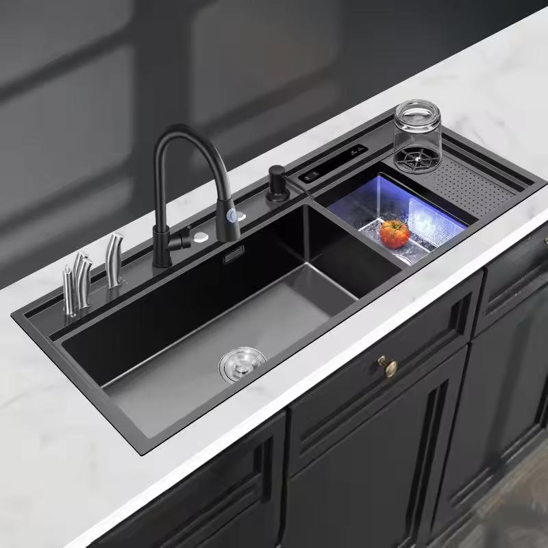 Kitchen Sink with Waterfall Multifunctional Faucet Piano Key Black Nano Surfuce Kitchen Sink SUS304 Kitchen Sink