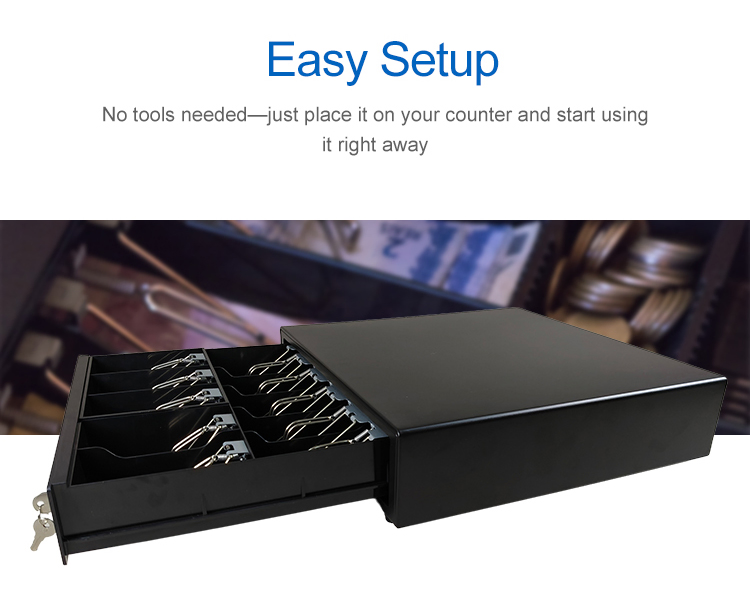 CB-405 Cash Drawer Available in black/white Fixed bill divider removable coin tray Fast open with heavy-duty ball bearing rollers 9-24V compatible