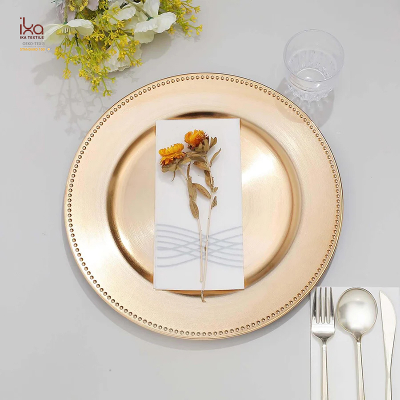 Hot Sale Acrylic Plastic Beaded Rim Round Bulk Tabletop Decorative Dinner Party 13" 100 Gold Charger Plates for Wedding