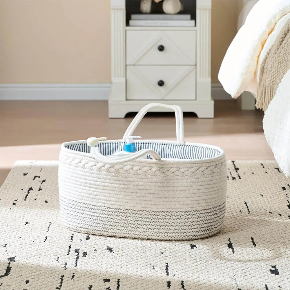Baby Diaper Caddy Organizer Portable Nursery Cotton Rope Storage Basket with Changeable Compartments
