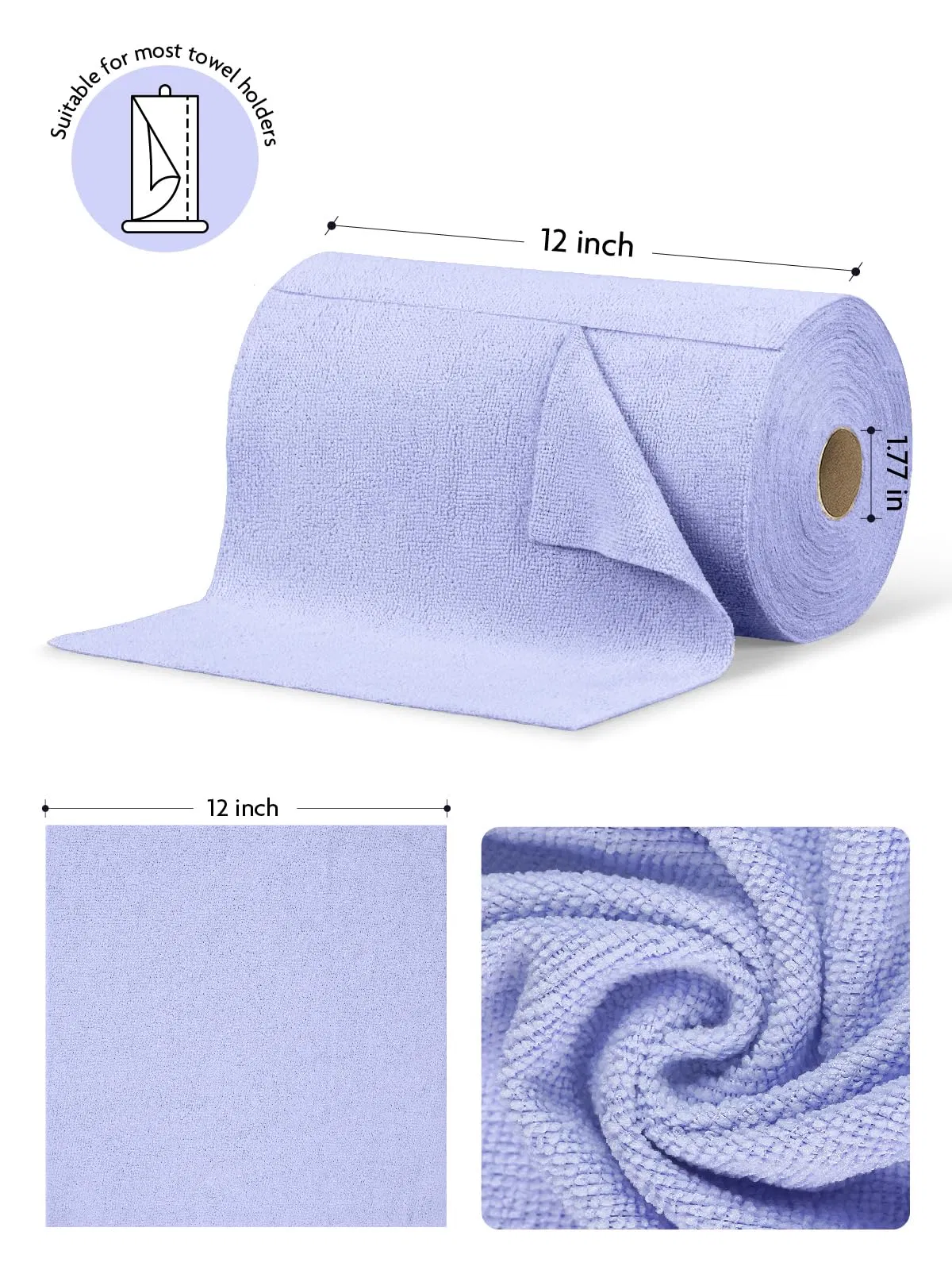New Design 75 Pack Cleaning Cloth Paper Towel Roll Tear Away Microfiber Roll Cleaning Towels Washable Cloths for Car, House (Lavender)