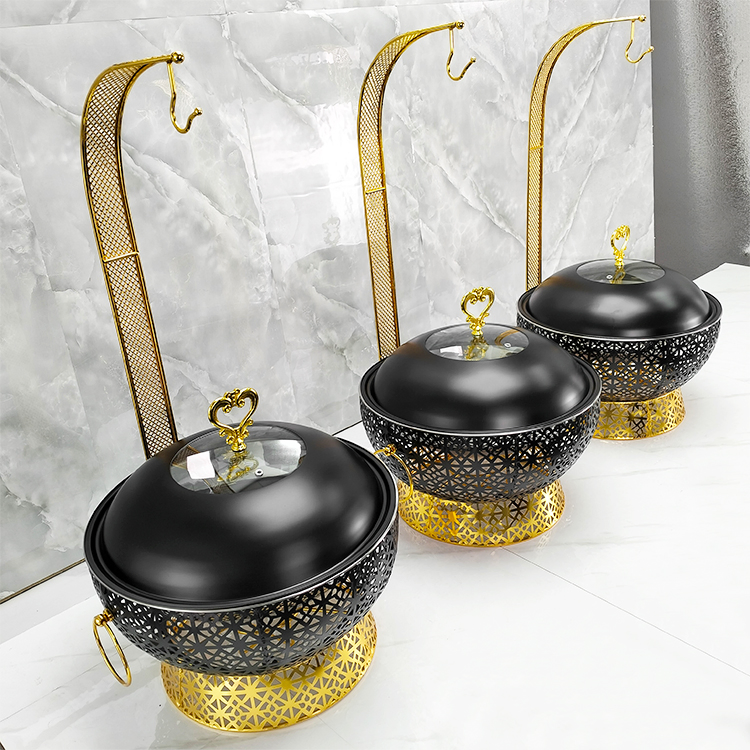 Hotel Black and Gold Chaffing Dishes with Hanging Food Warmer Round De Lux Buffet Hanging Chafing Dish for Catering
